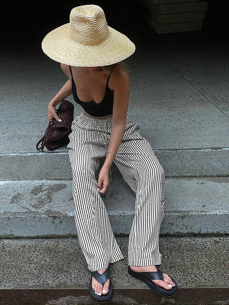 Casual Drawsting Striped Wide-Leg Pants