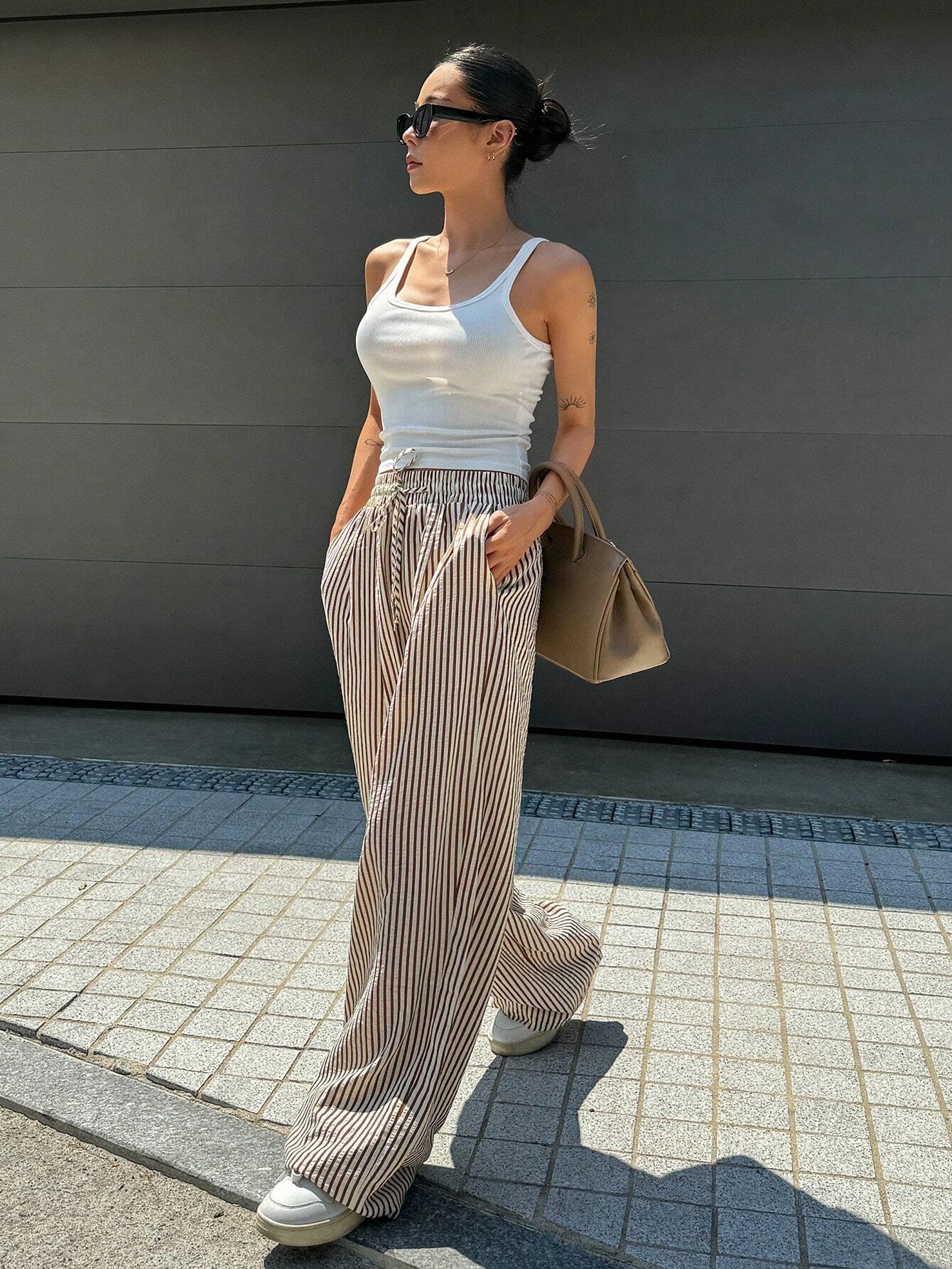 Casual Drawsting Striped Wide-Leg Pants