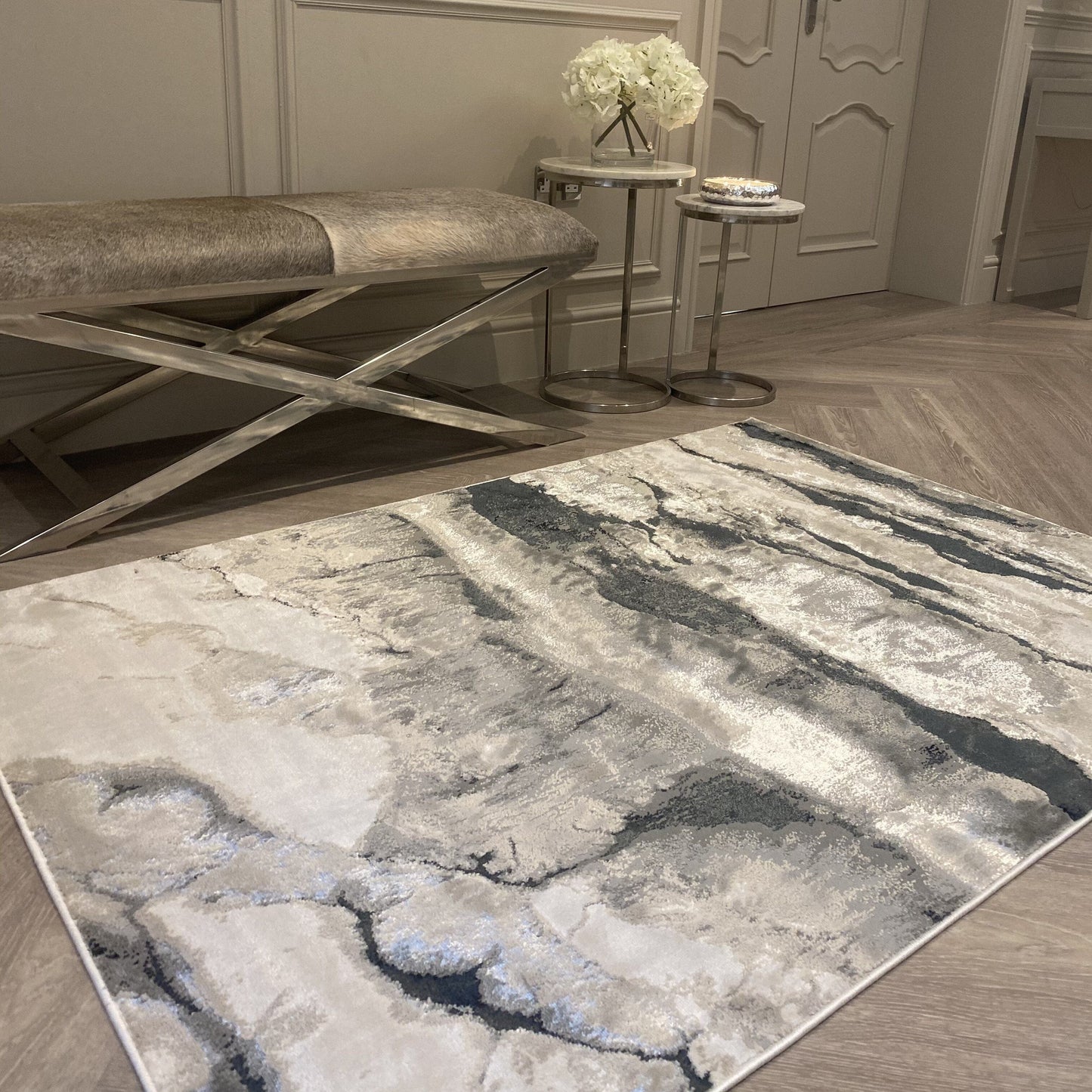 In Stock - Glacial Cream & Grey Marble Wash Velvet Rug - 200 x 290cm