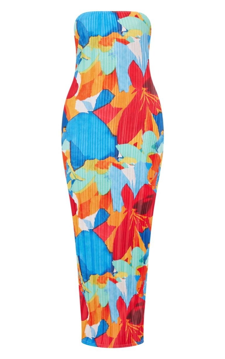Multi Floral Print Plisse Bandeau Cowl Back Maxi Dress