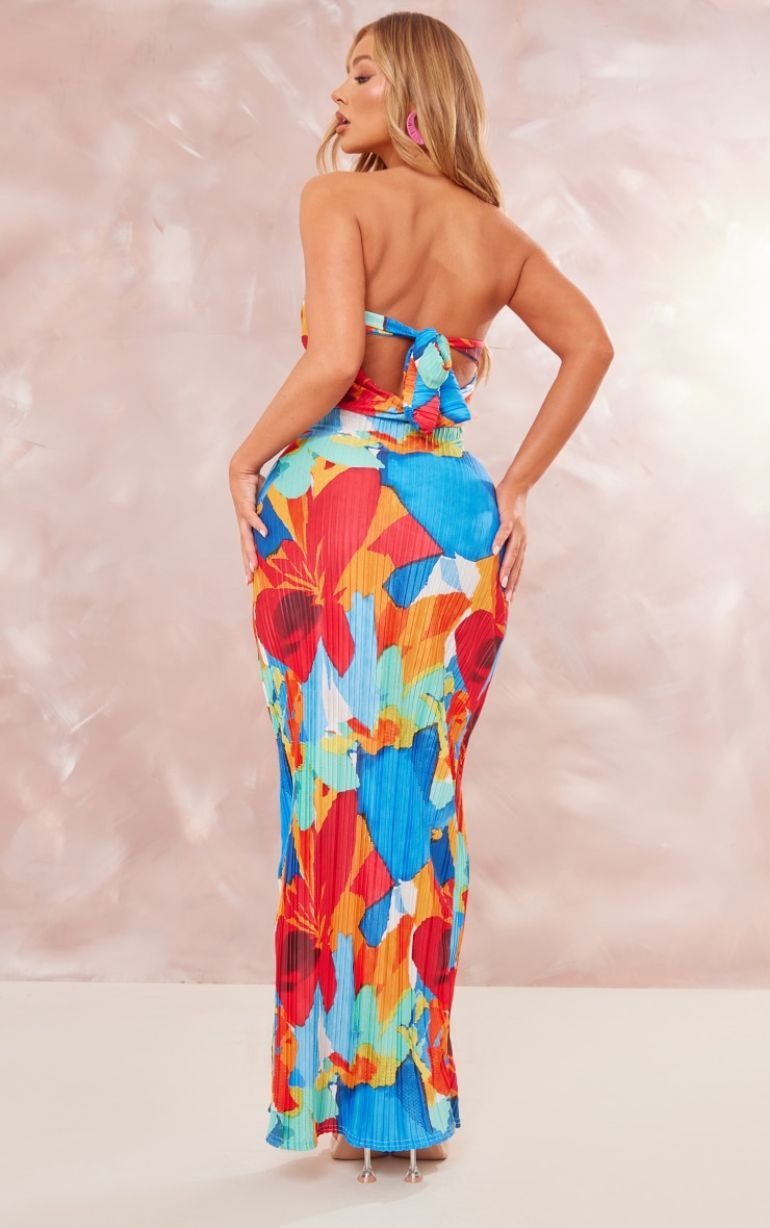 Multi Floral Print Plisse Bandeau Cowl Back Maxi Dress