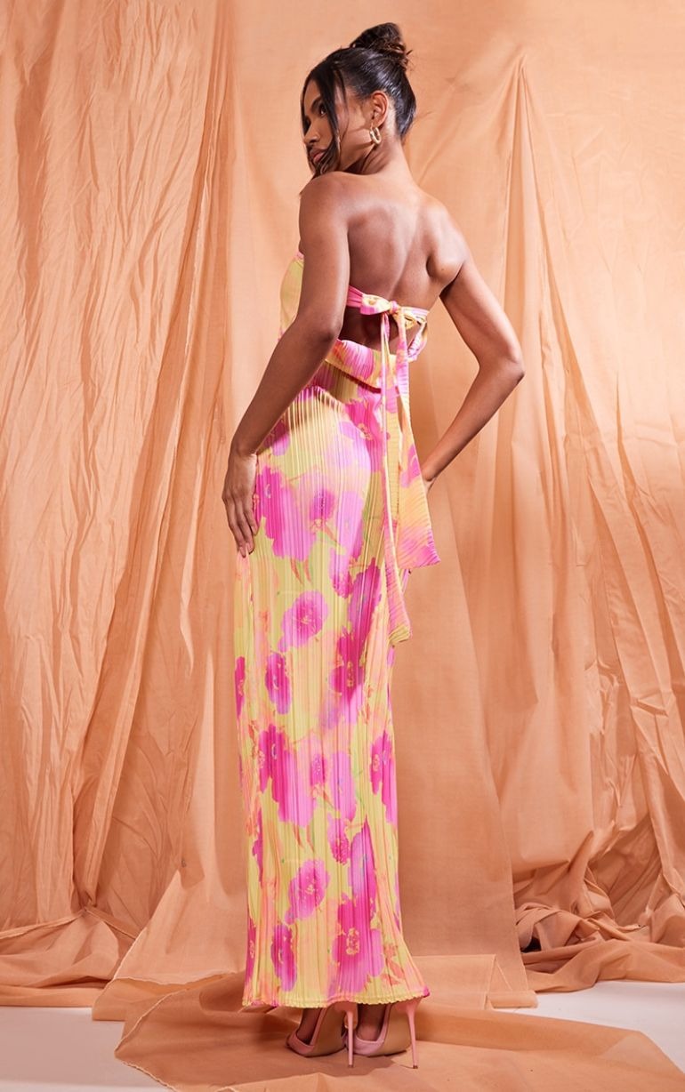 Multi Floral Print Plisse Bandeau Cowl Back Maxi Dress