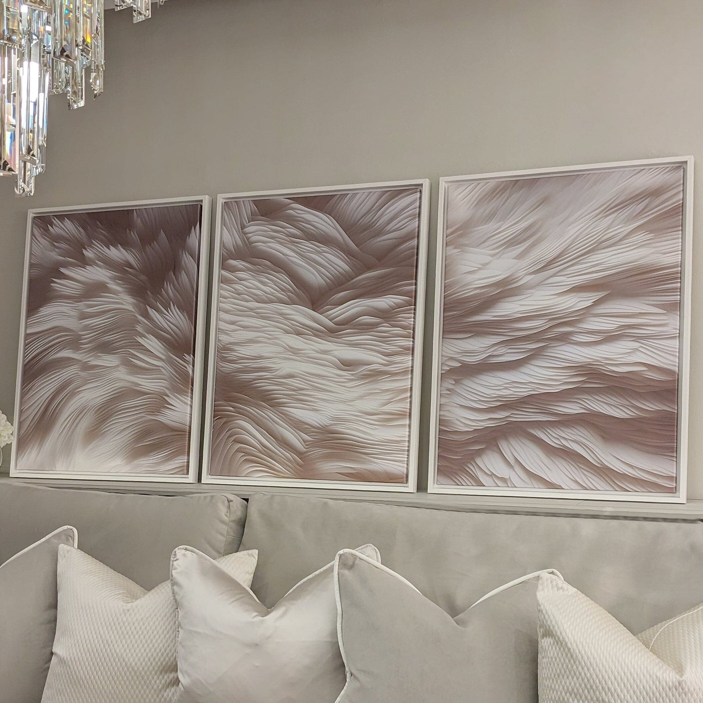 In Stock - Aquaria Heavenly Feather Neural Framed Wall Art - Set of 3 - 60 x 80cm