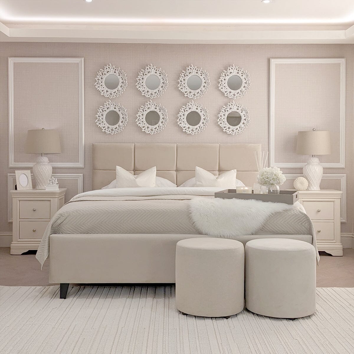 In Stock - Isabella Luxury Vanilla Velvet Upholstered Bed - Super King
