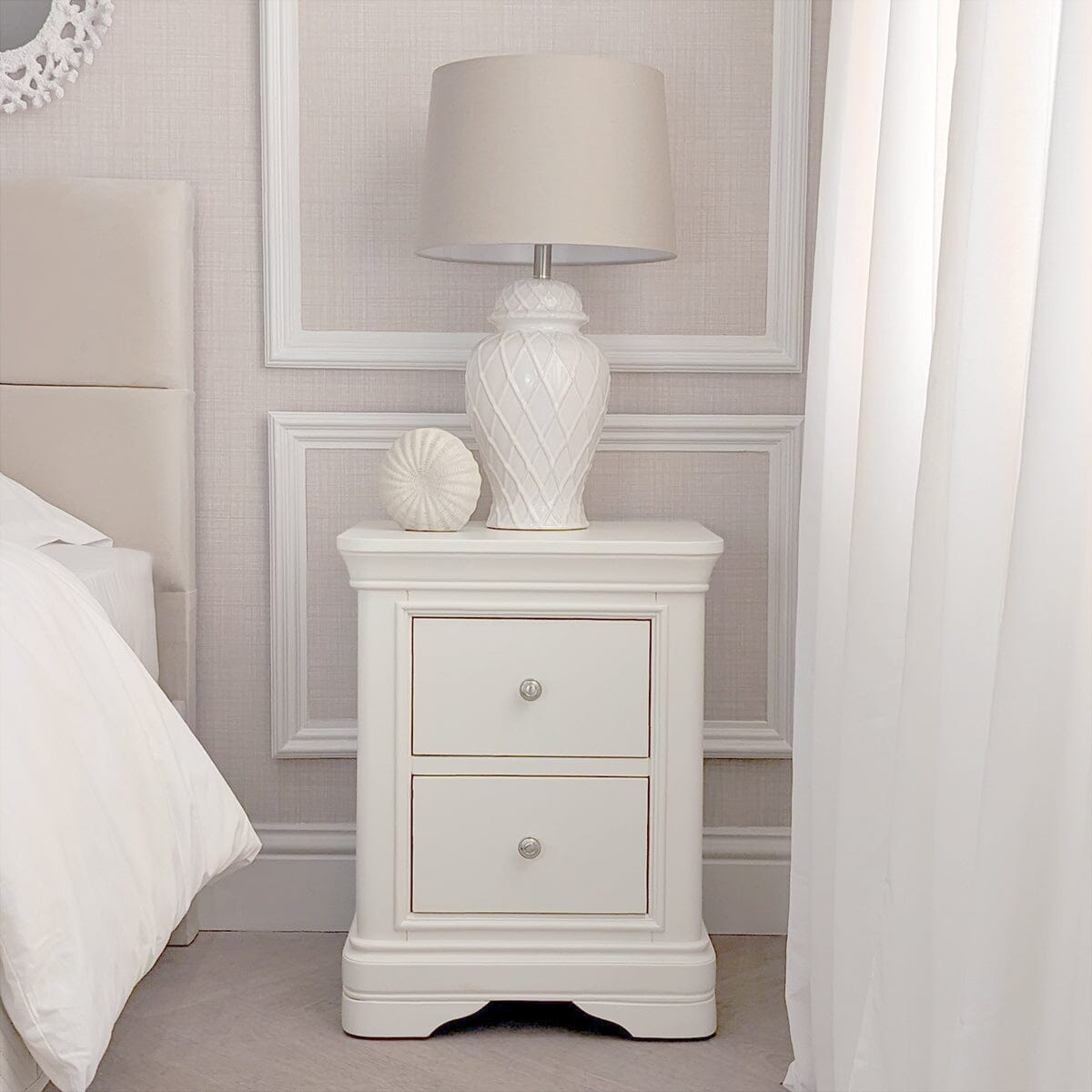 In Stock - Louvre White Wooden 2 Drawer Bedside Table