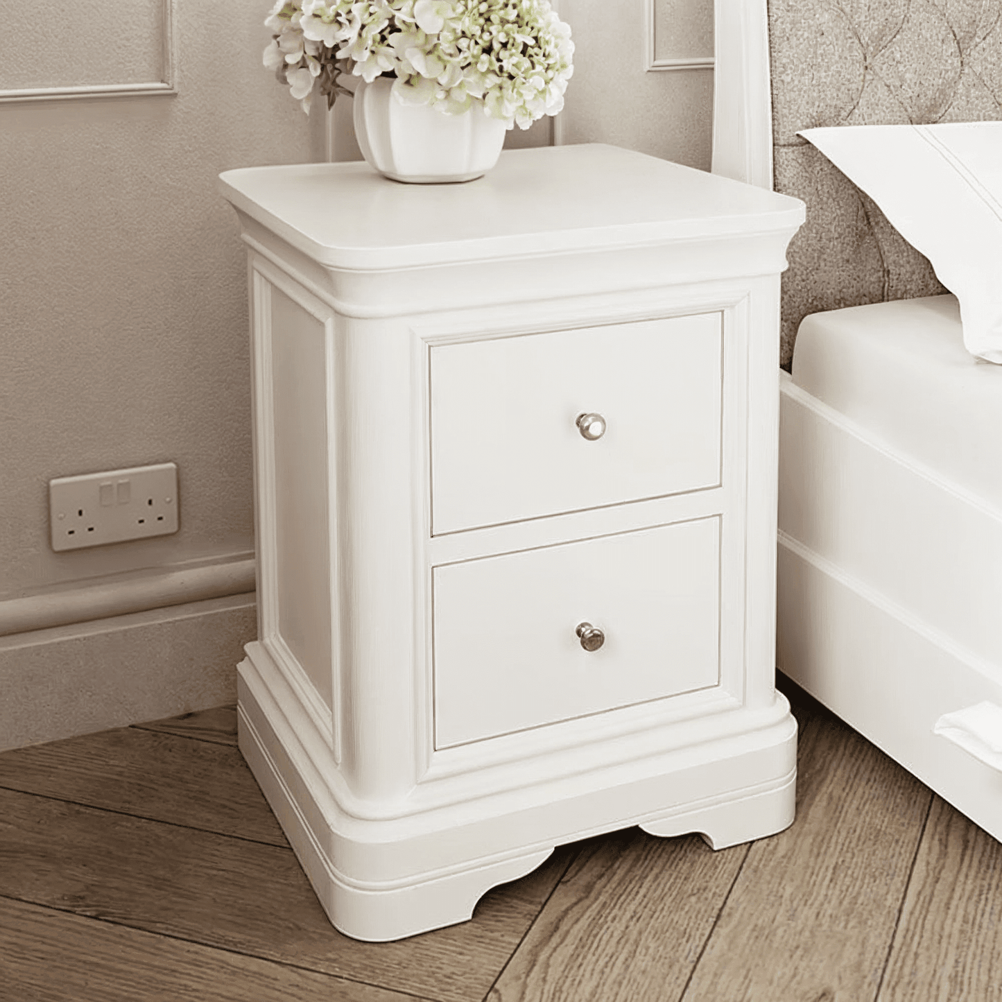 In Stock - Louvre White Wooden 2 Drawer Bedside Table