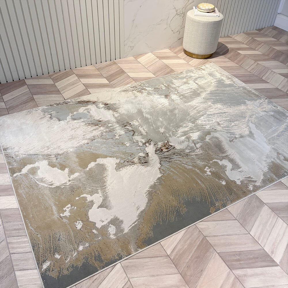 In Stock - Skye Cream & Metallic Gold Marble Velvet Rug - 120X170cm