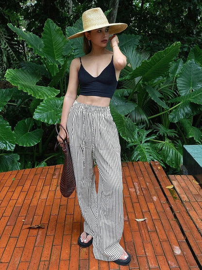 Casual Drawsting Striped Wide-Leg Pants