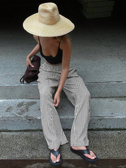 Casual Drawsting Striped Wide-Leg Pants