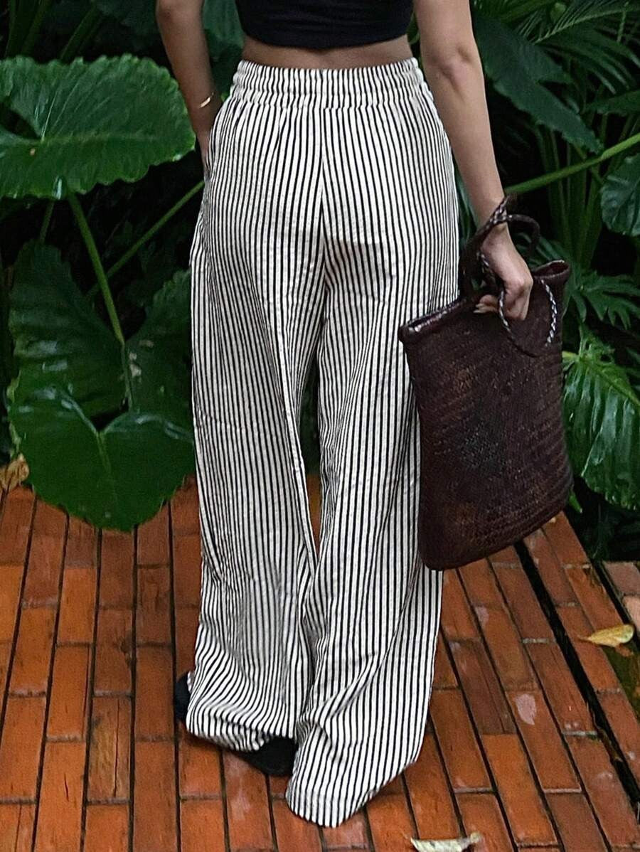 Casual Drawsting Striped Wide-Leg Pants