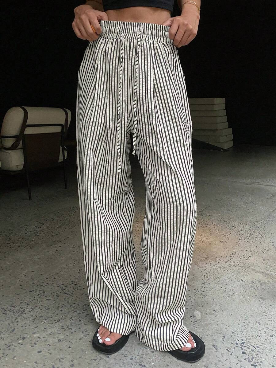 Casual Drawsting Striped Wide-Leg Pants