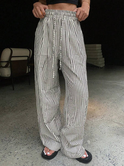 Casual Drawsting Striped Wide-Leg Pants