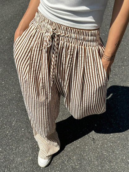 Casual Drawsting Striped Wide-Leg Pants