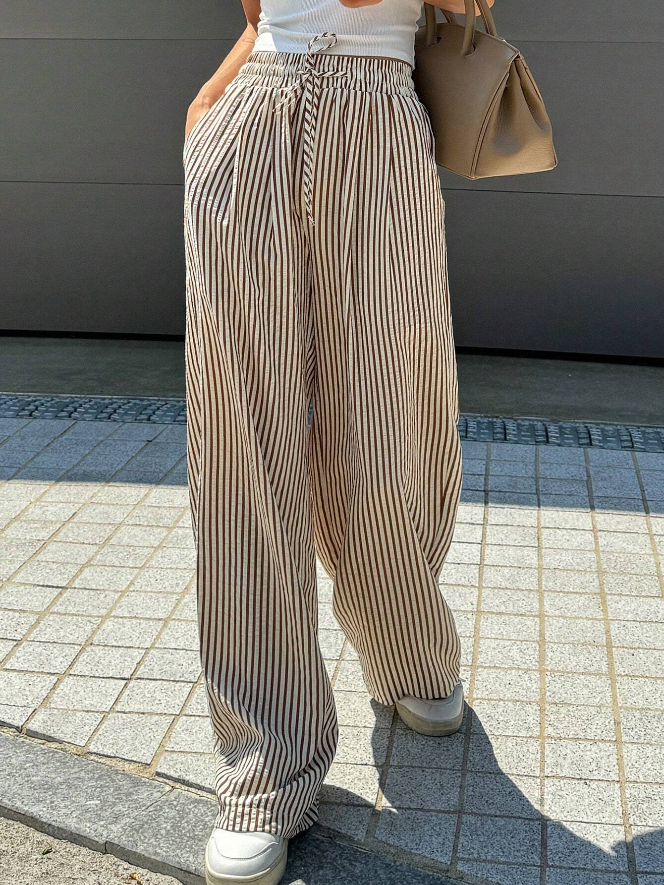 Casual Drawsting Striped Wide-Leg Pants