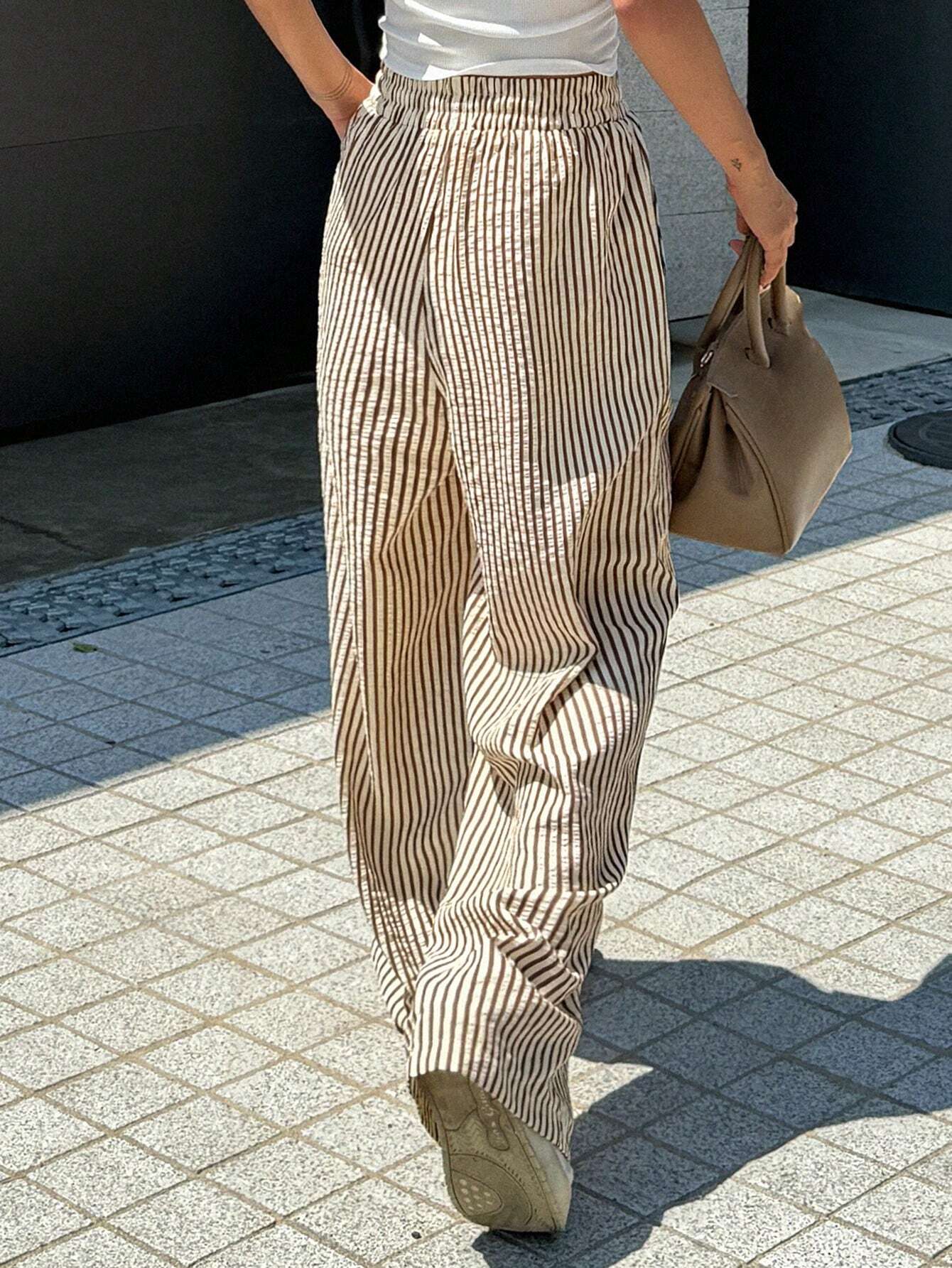Casual Drawsting Striped Wide-Leg Pants