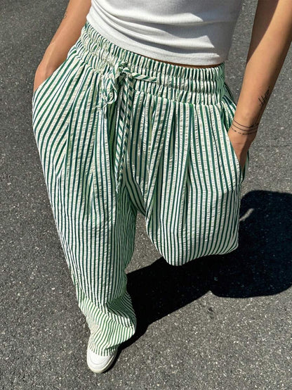 Casual Drawsting Striped Wide-Leg Pants