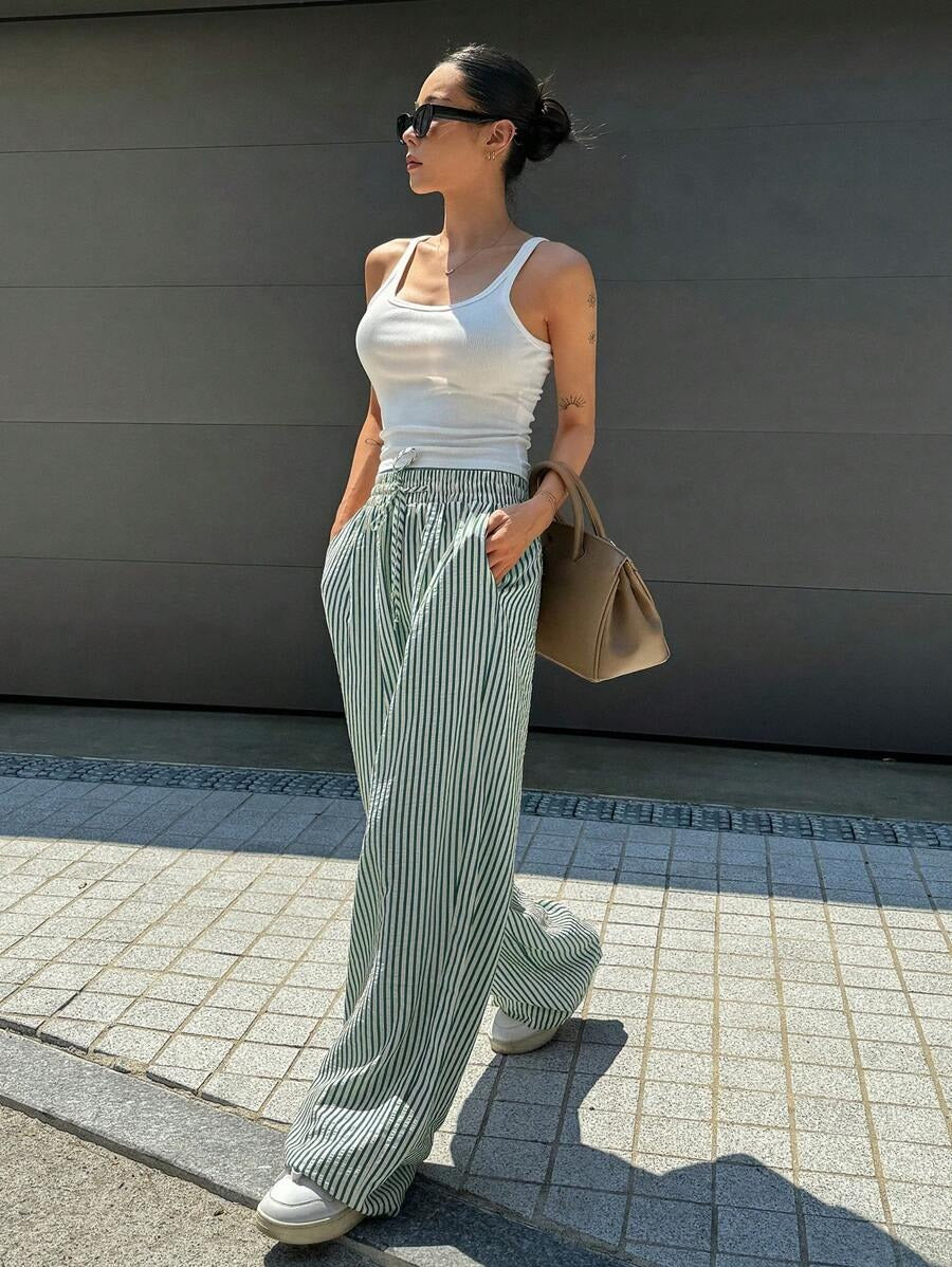 Casual Drawsting Striped Wide-Leg Pants