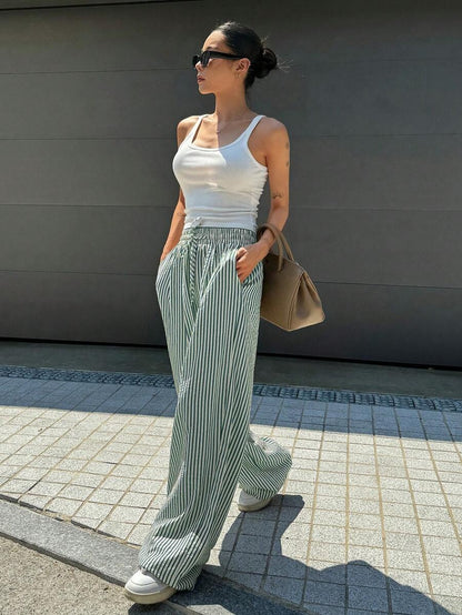 Casual Drawsting Striped Wide-Leg Pants