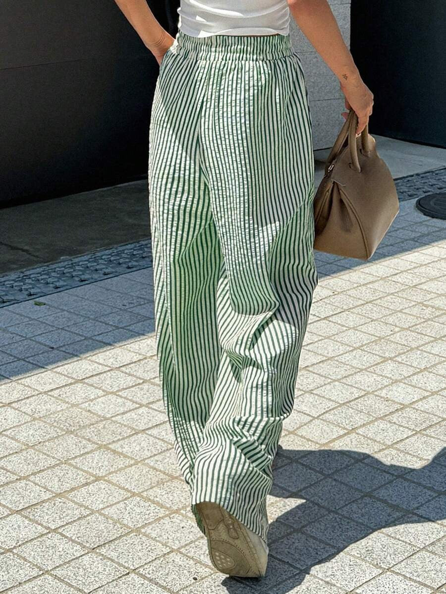 Casual Drawsting Striped Wide-Leg Pants