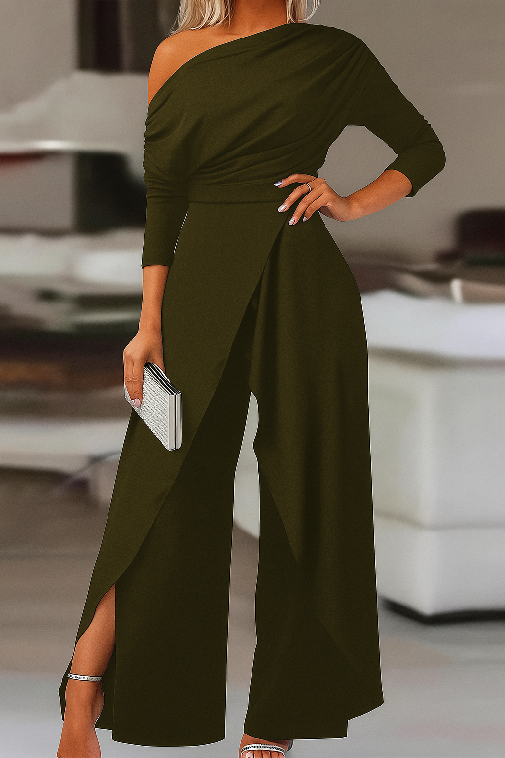 Plain Ruched Wrap Split Hem Jumpsuit