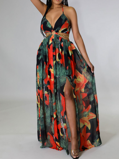Printed Backless Side Slit Halter Dress
