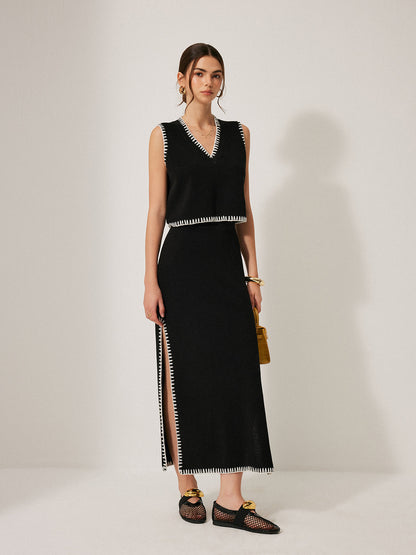 Contrast Trim Knit Tank Top With Skirt Set