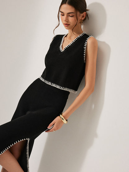 Contrast Trim Knit Tank Top With Skirt Set