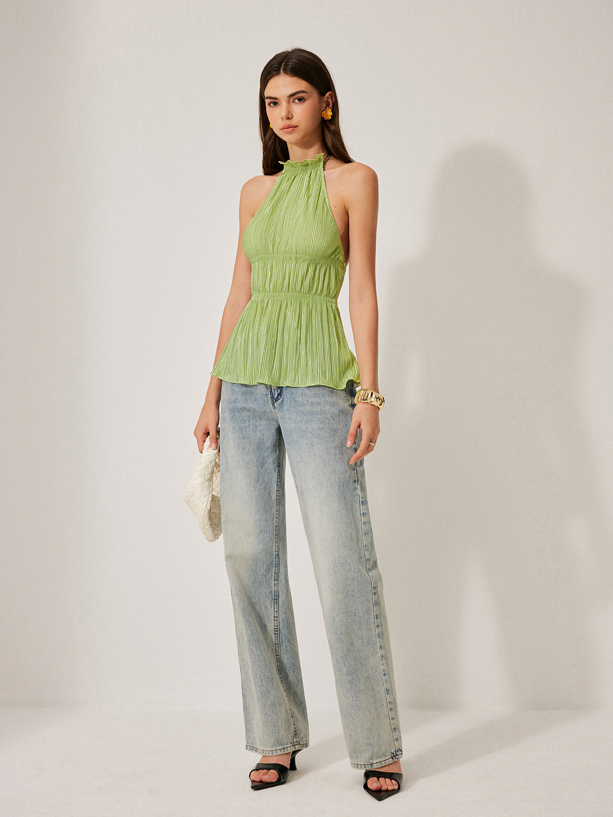 Pleated Halter Top With Tie Neck