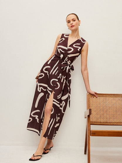 Abstract Print Wrap Dress With Tie Waist