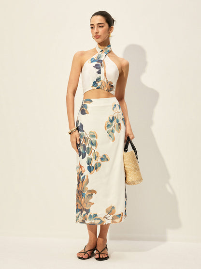 Floral Print Halter Top With Skirt Set