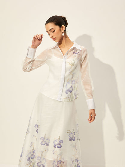 Floral Semi-Sheer Skirt Set With Waist Tie