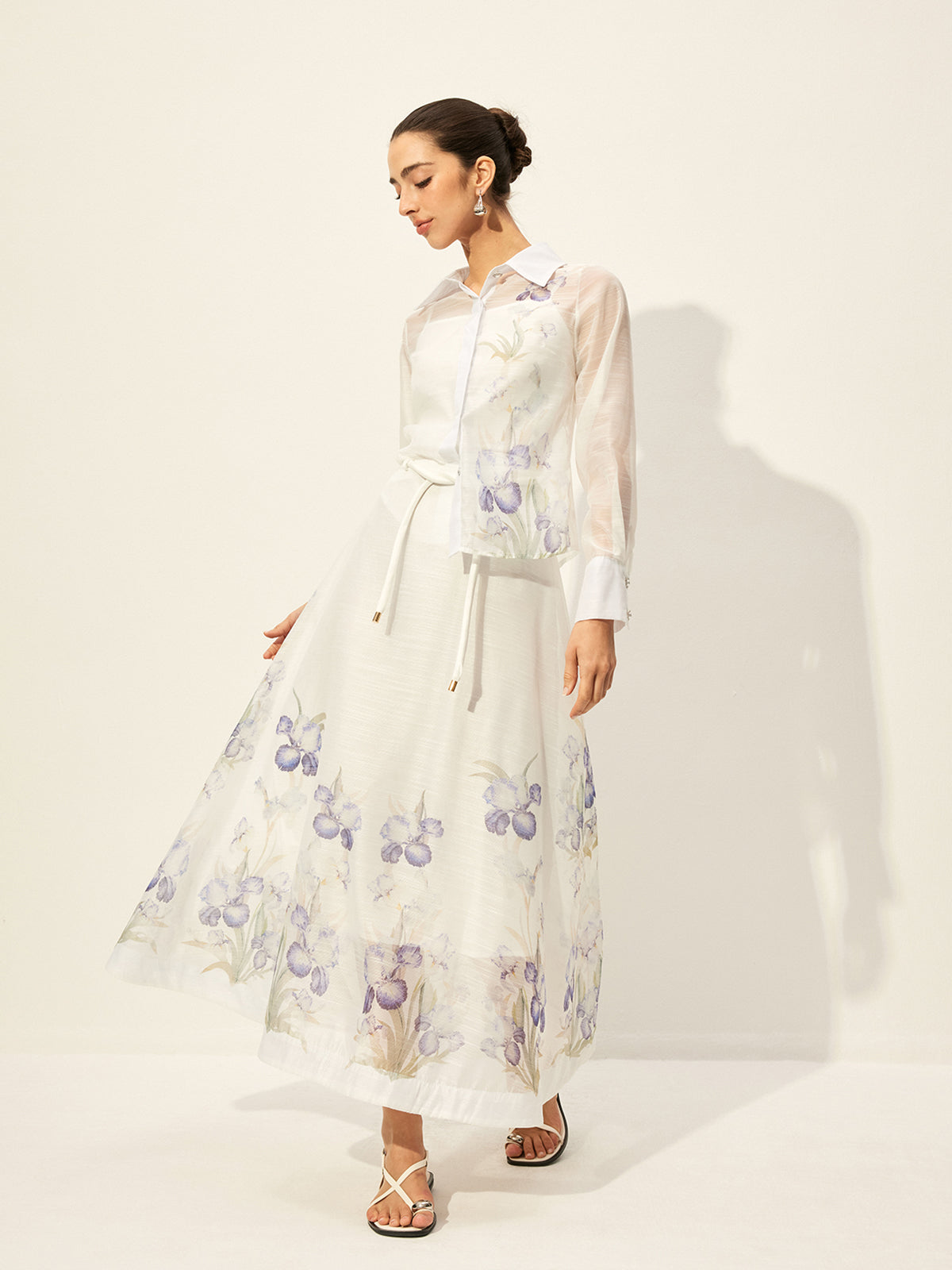 Floral Semi-Sheer Skirt Set With Waist Tie