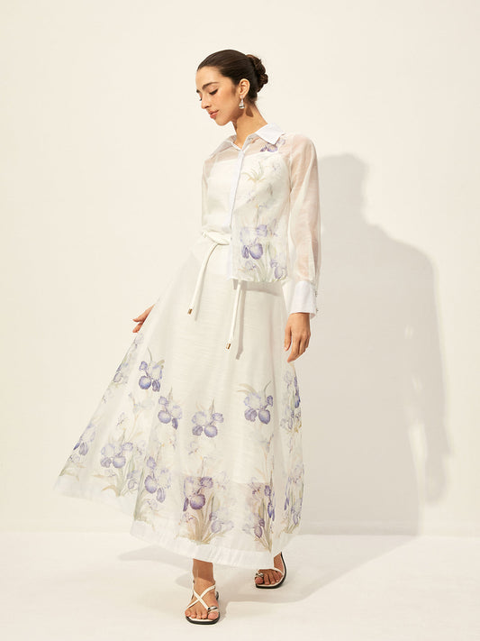 Floral Semi-Sheer Skirt Set With Waist Tie