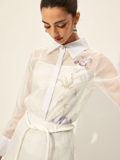 Floral Semi-Sheer Skirt Set With Waist Tie