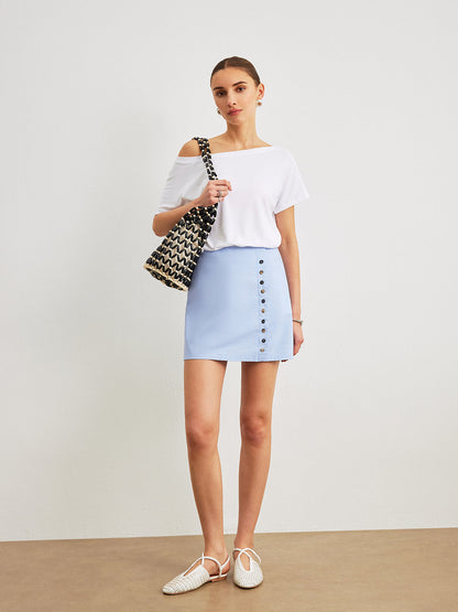 Linen & Cotton Mid-Waist  Asymmetrical Decor Button Zipper Skirt