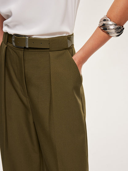 Mid-Waist Belted Straight-Leg Pants
