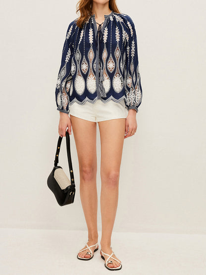 Semi-Sheer Embroidered Tie-Neck Blouse