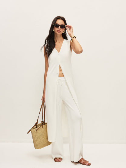 Buttoned Vest Knitted Pants Set