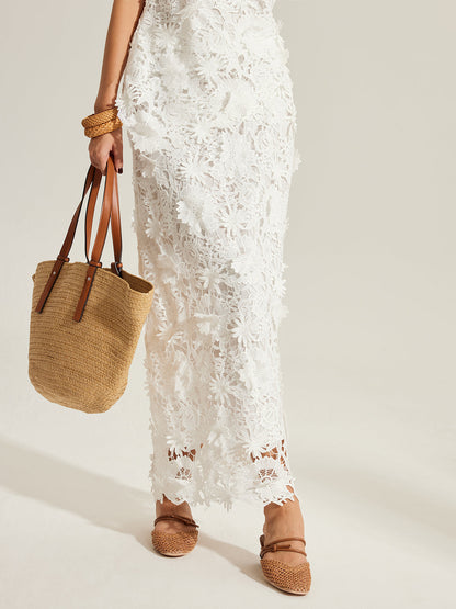 Floral Embroidered Semi-Sheer Lace Skirt