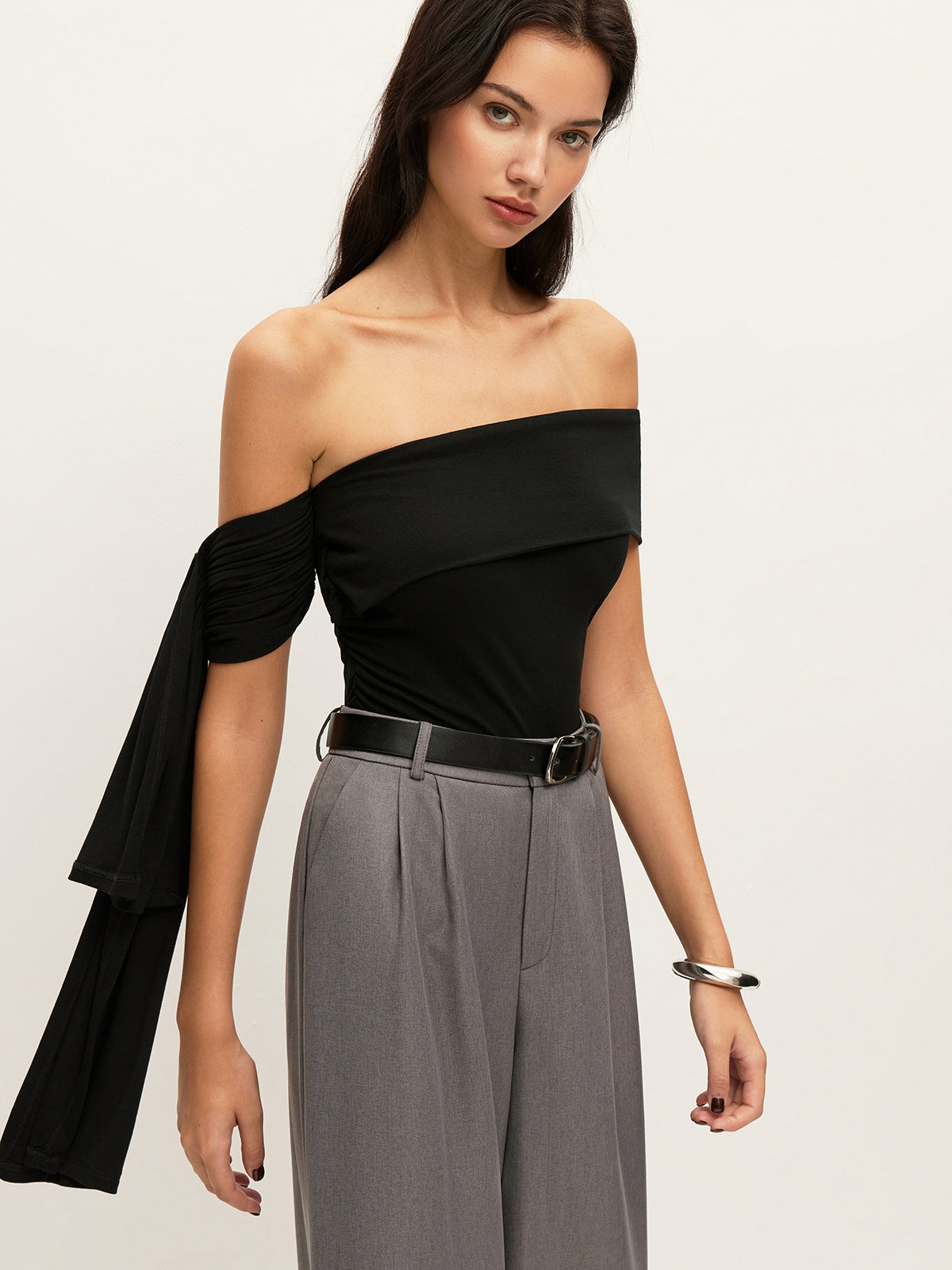 Asymmetrical Off-Shoulder Top With Side Tie