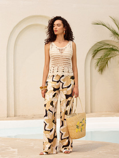 Mid-Waist Floral Print Pockets Pants