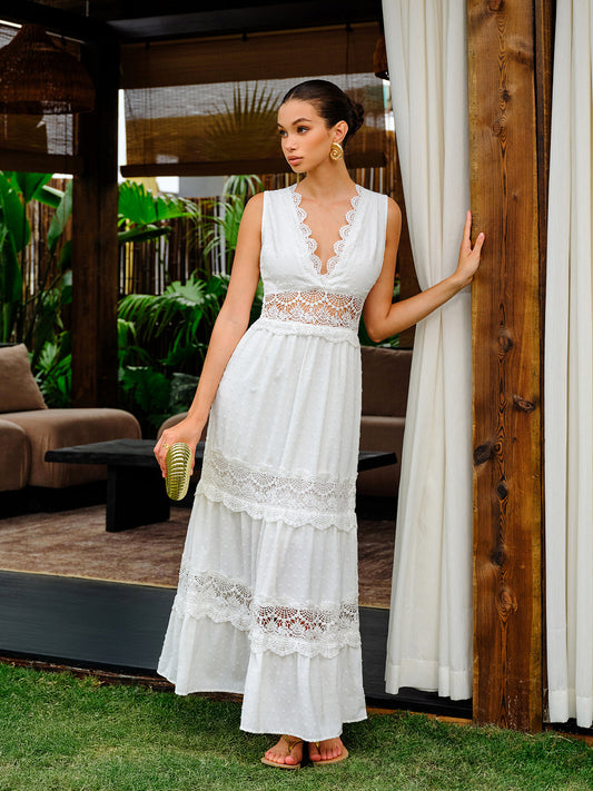 Semi-Sheer Lace Trim V-Neck Dress