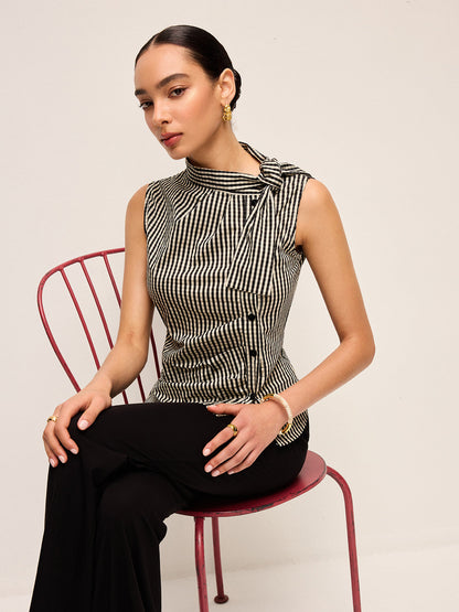 Asymmetric Neck Gingham Button Top