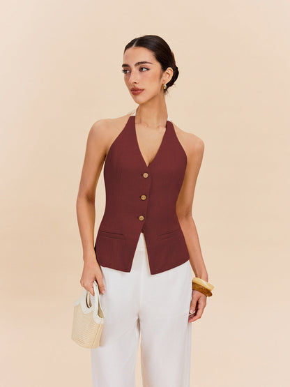 Cotton & Linen Halter Top With Decor Pocket