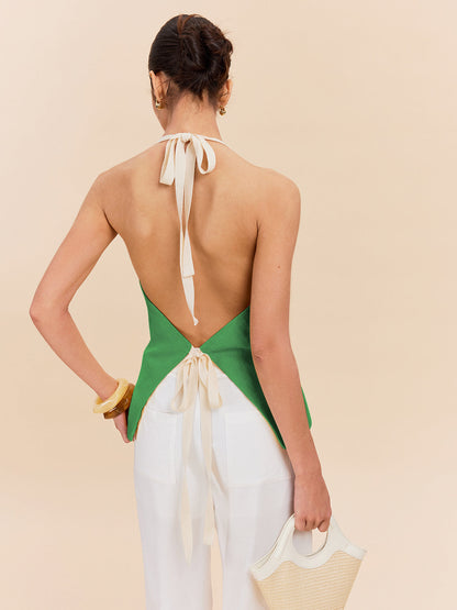 Cotton & Linen Halter Top With Decor Pocket