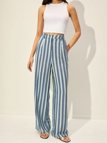 Cotton Blend High-Waist Striped Pants