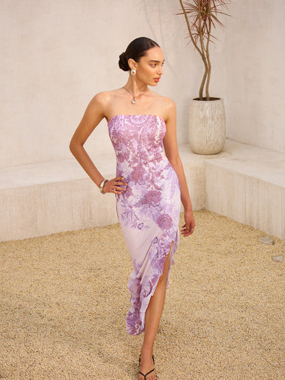 Strapless  Floral Print Split Dress