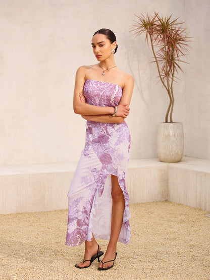 Strapless  Floral Print Split Dress