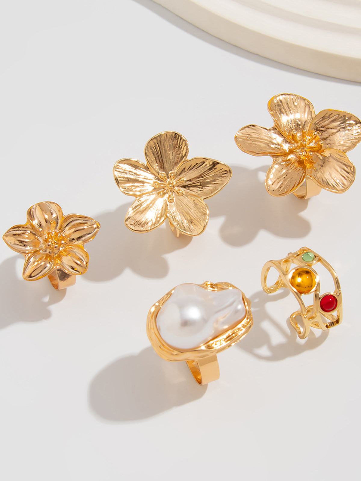 Six-Piece Statement Ring Set With Pearl & Floral Accents