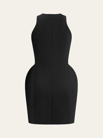 Metal-Button High-Neck Short Dress